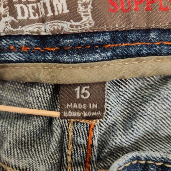 Mossimo Jeans Blue Denim Mid Rise Modern Boot Cut Distressed‎ Womens 15 34x32 - Picture 14 of 16